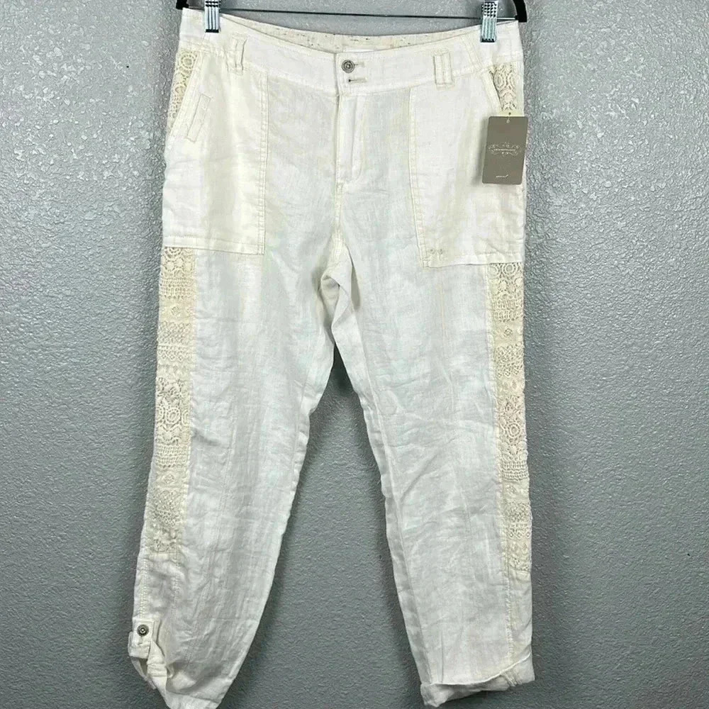 NWT Hei Hei Anthropologie Marlena Linen Pants Sz 29 Crochet Lace Ivory Crop